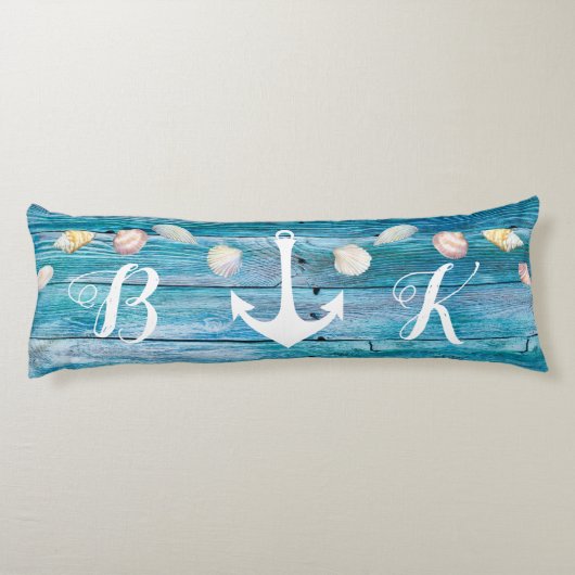 Nautical Beach Shells Monogrammed Blue Wood Body P Lichaamskussen (Achterkant)
