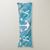 Nautical Beach Shells Monogrammed Blue Wood Body P Lichaamskussen (Voorkant Verticaal)