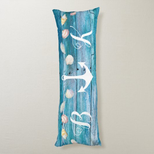 Nautical Beach Shells Monogrammed Blue Wood Body P Lichaamskussen (Achterkant (Verticaal))