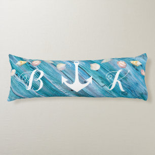 Nautical Beach Shells Monogrammed Blue Wood Body P Lichaamskussen