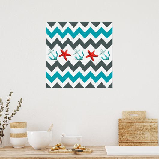 Nautical Beach Theme Chevron Anchors Starfish Poster (Keuken)
