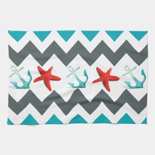 Nautical Beach Theme Chevron Anchors Starfish Theedoek (Horizontaal)