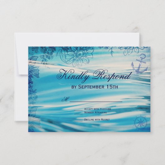 Nautical Beach Theme Ocean Blue Wedding RSVP-kaart RSVP Kaartje (Voorkant)