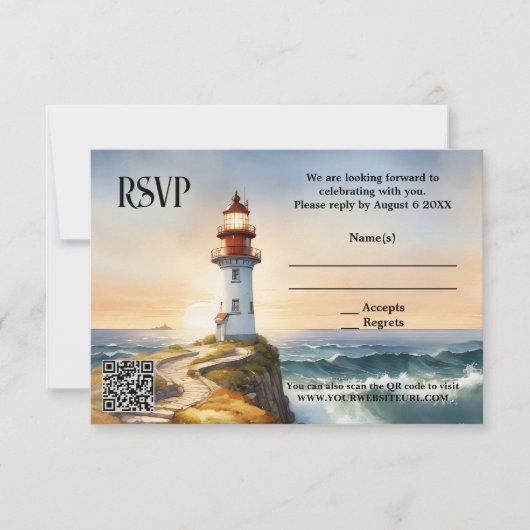 Nautical Beach Vuurtoren Bruiloft RSVP Kaart (Voorkant)