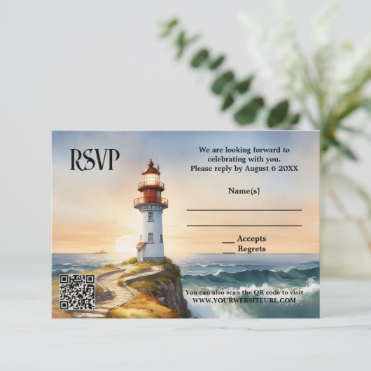 Nautical Beach Vuurtoren Bruiloft RSVP Kaart (Staand voorkant)