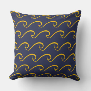 Nautical Beach Wave Navy Blauw en Gouden Kussen