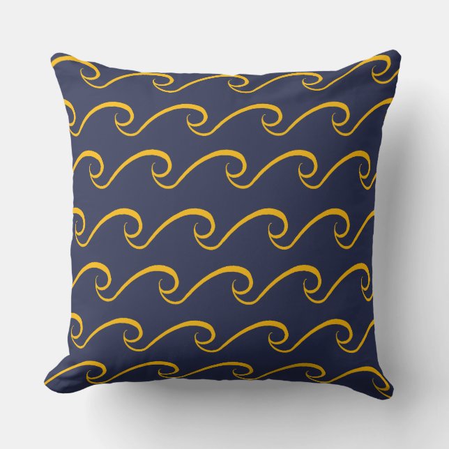 Nautical Beach Wave Navy Blauw en Gouden Kussen (Voorkant)