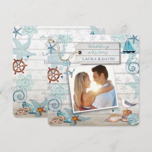 Nautical Beach Wedding Invitation Foto Kaart (Voorkant / Achterkant)