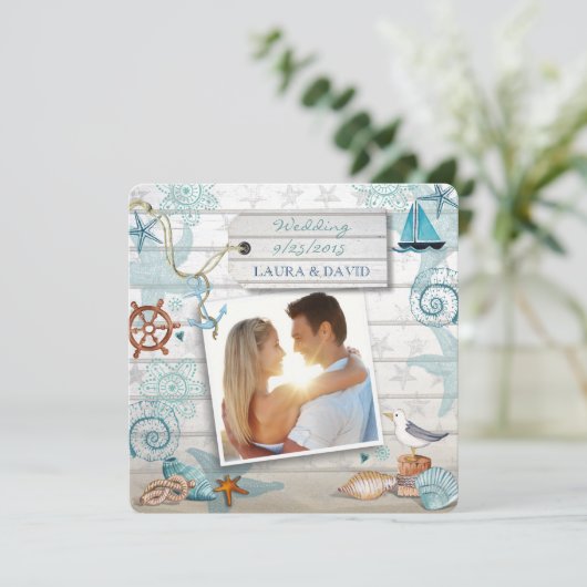 Nautical Beach Wedding Invitation Foto Kaart (Staand voorkant)