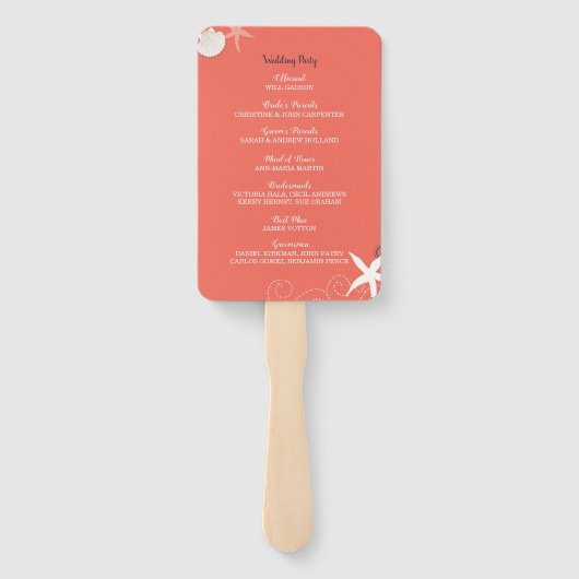 Nautical Beach Wedding Programme Coral & Navy Handwaaier (Achterkant)