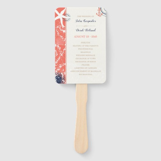 Nautical Beach Wedding Programme Coral & Navy Handwaaier (Voorkant)