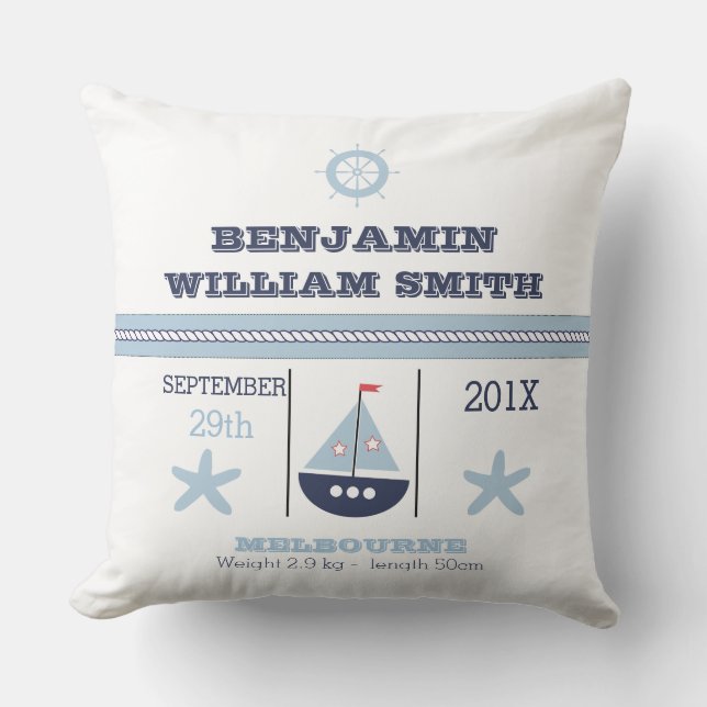 Nautical Birth Announcement Cushion for Boy Kussen (Voorkant)