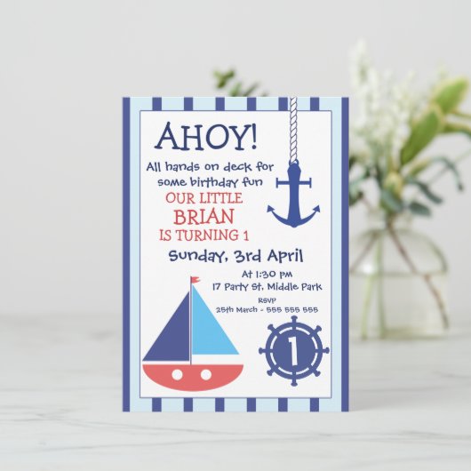 Nautical Birthday Invitation Anchor and Sail Boat Kaart (Staand voorkant)