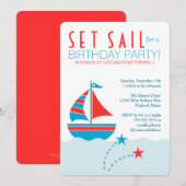 Nautical Birthday Invitation Blue and Red Sailboat Kaart (Voorkant / Achterkant)