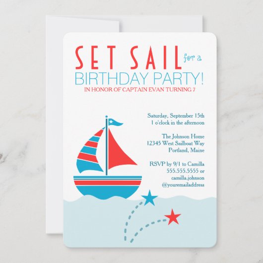 Nautical Birthday Invitation Blue and Red Sailboat Kaart (Voorkant)