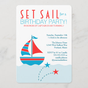 Nautical Birthday Invitation Blue and Red Sailboat Kaart