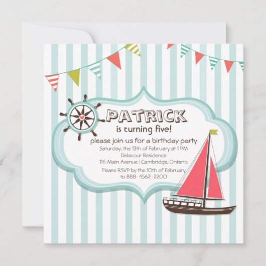 Nautical Birthday Invitation Helm and Sailboat Kaart (Voorkant)