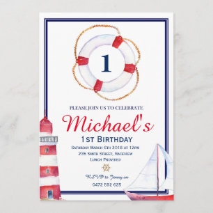 Nautical Birthday Invitation Invite Navy Blue Sail Kaart