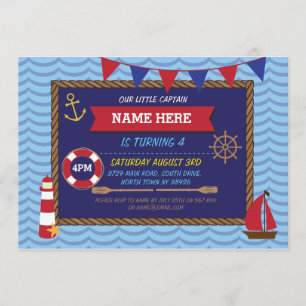 Nautical Birthday Party Sailor Boats Pirate Invite Kaart