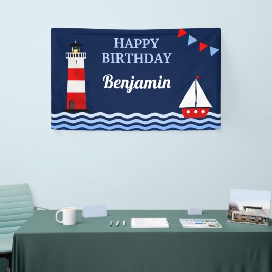Nautical Birthday Party (vuurtoren en zeilboot) Spandoek (Beurs)