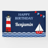 Nautical Birthday Party (vuurtoren en zeilboot) Spandoek (Horizontaal)