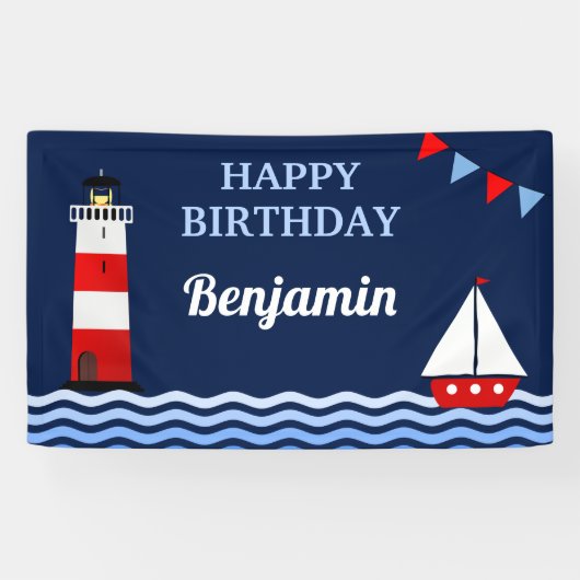 Nautical Birthday Party (vuurtoren en zeilboot) Spandoek (Horizontaal)