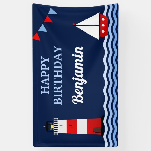 Nautical Birthday Party (vuurtoren en zeilboot) Spandoek (Verticaal)