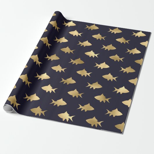 Nautical Black and Gold Fish Pattern Cadeaupapier (Uitgerold)