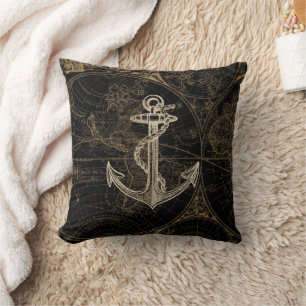 Nautical Black Beige Anchor Wereldkaart Kussen