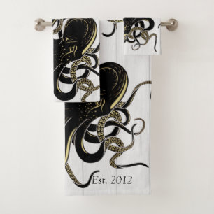 Nautical Black Octopus Coastal White Wood Bad Handdoek