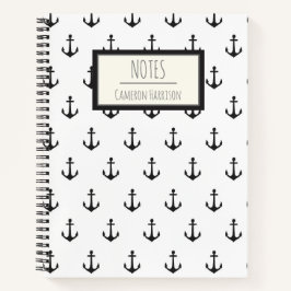 Nautical Black White Anchor Pattern - Gepersonalis Notitieboek