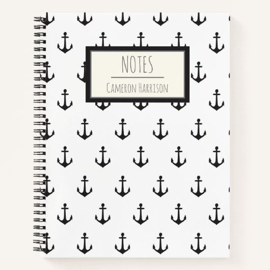 Nautical Black White Anchor Pattern - Gepersonalis Notitieboek (Voorkant)