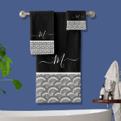 Nautical Black White Elegant monogram initiaal Bad Handdoek
