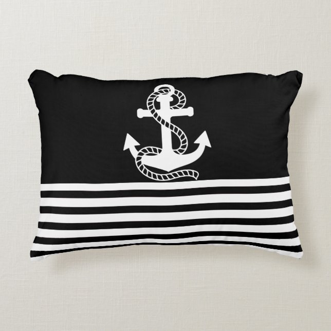 Nautical Black White Stripes and White Anchor Accent Kussen (Voorkant)