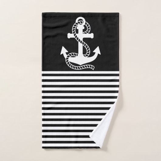 Nautical Black White Stripes and White Anchor Bad Handdoek (Handdoek)