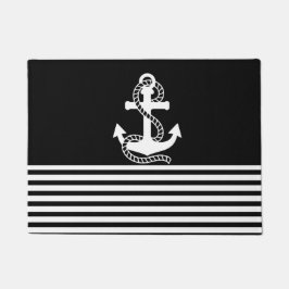 Nautical Black White Stripes and White Anchor Deurmat