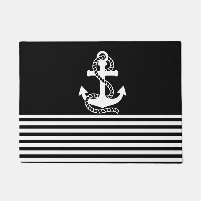 Nautical Black White Stripes and White Anchor Deurmat (Voorkant)