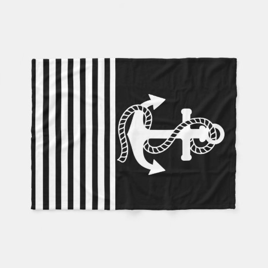Nautical Black White Stripes and White Anchor Fleece Deken (Voorkant (Horizontaal))