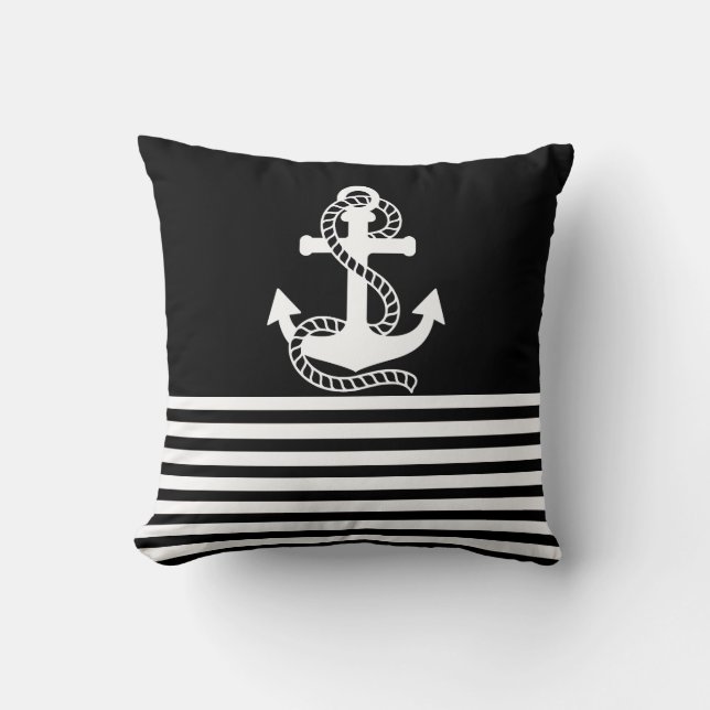 Nautical Black White Stripes and White Anchor Kussen (Voorkant)