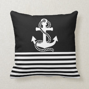 Nautical Black White Stripes and White Anchor Kussen