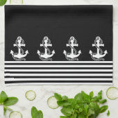 Nautical Black White Stripes and White Anchor Theedoek (Gevouwen)