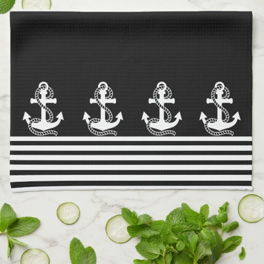 Nautical Black White Stripes and White Anchor Theedoek (Gevouwen)