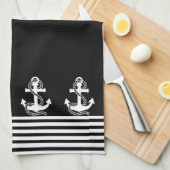 Nautical Black White Stripes and White Anchor Theedoek (Quarter Fold)