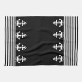 Nautical Black White Stripes and White Anchor Theedoek (Horizontaal)