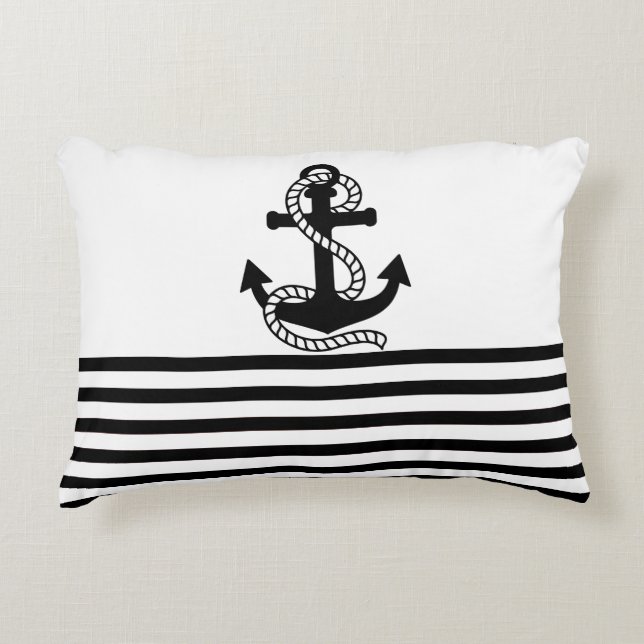 Nautical Black White Stripes en Black Anchor Decoratief Kussen (Voorkant)