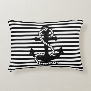 Nautical Black White Stripes en Black Anchor Decoratief Kussen
