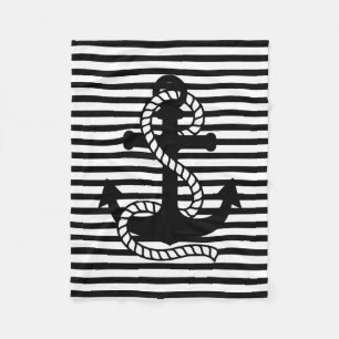 Nautical Black White Stripes en Black Anchor Fleece Deken