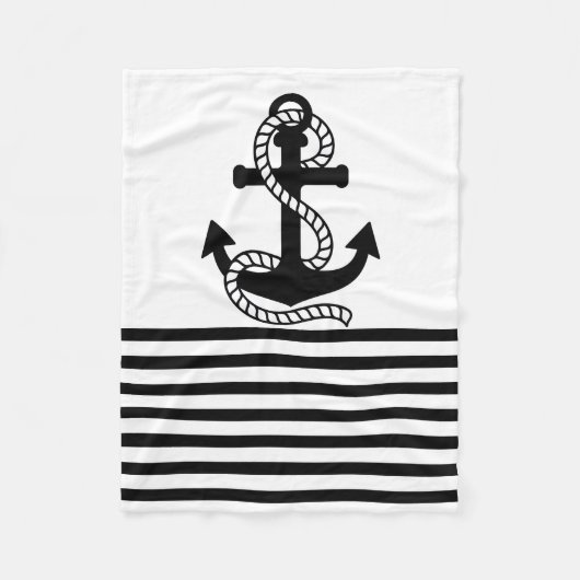Nautical Black White Stripes en Black Anchor Fleece Deken (Voorkant)