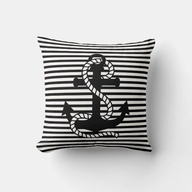 Nautical Black White Stripes en Black Anchor Kussen (Voorkant)