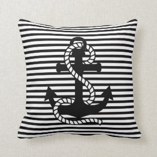 Nautical Black White Stripes en Black Anchor Kussen